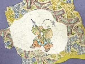 アンティーク　作家物　節紬　手彫木版染　唐子模様名古屋帯